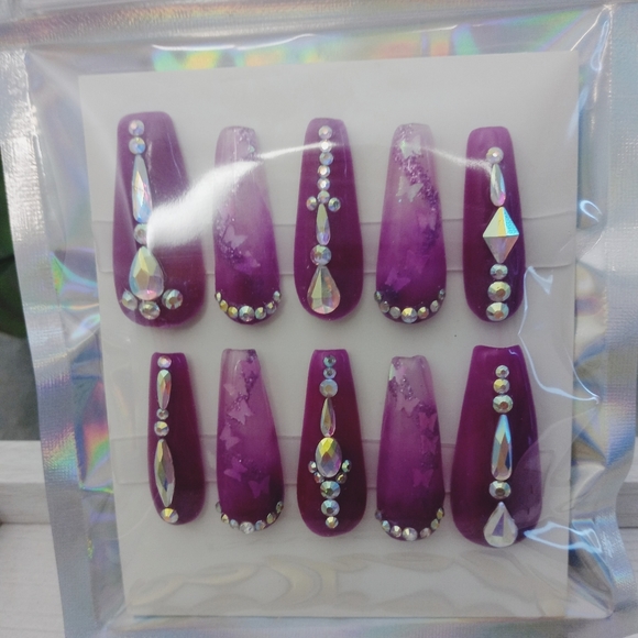 Full diamond set purple glow in the dark acrylic coffin nails - Picture 9 of 10
